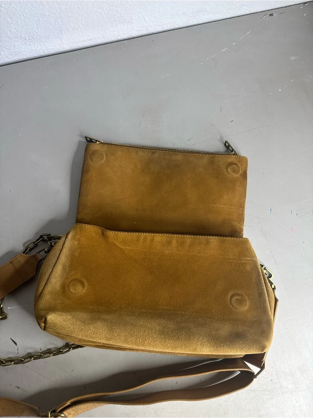 Zadig & Voltaire Rocky Suede Bag Tan Crossbody Clutch Gold Chain Calf Leather